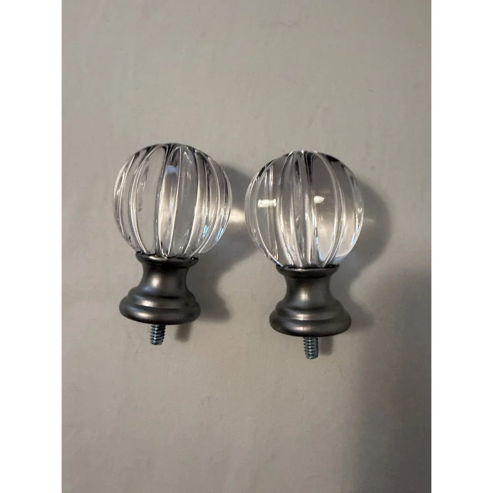 Set of 2 Clear Fluted Plastic Curtain Rod Finials Ribbed Sphere Silver Base